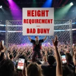 Bad Bunny holds giant height requirement sign at Super Bowl halftime show with chain-link fence backdrop and cheering fans