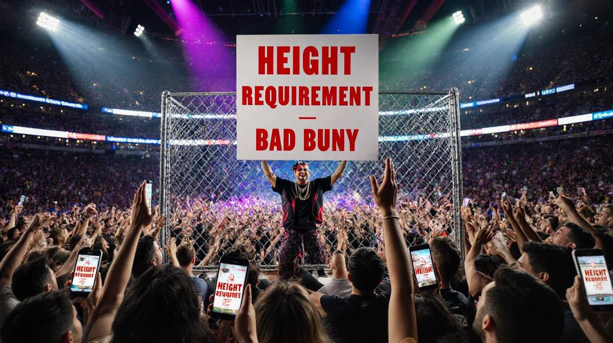 Bad Bunny holds giant height requirement sign at Super Bowl halftime show with chain-link fence backdrop and cheering fans