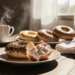 Everything bagel topped with strawberry cream cheese sits on rustic wooden table with coffee cup and napkins catching morning