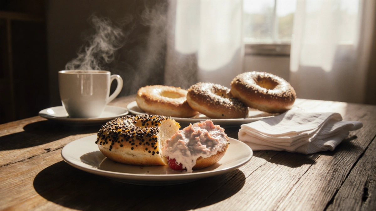 Everything bagel topped with strawberry cream cheese sits on rustic wooden table with coffee cup and napkins catching morning