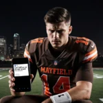 Baker Mayfield looking at phone with Browns jersey and city skyline behind him showing text message