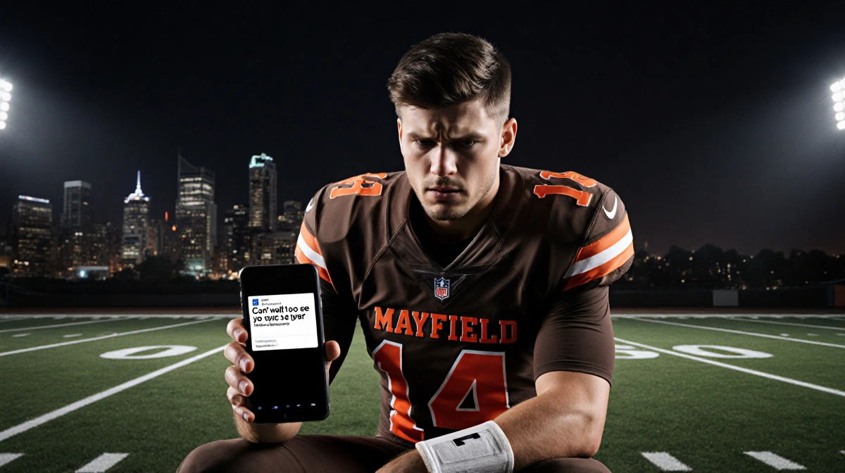 Baker Mayfield looking at phone with Browns jersey and city skyline behind him showing text message