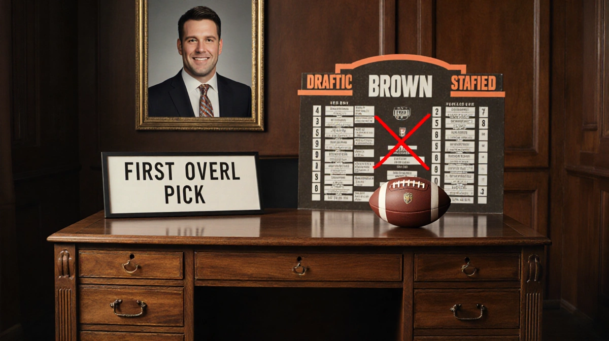 Baker Mayfield stands at desk with football at his feet and framed Kevin Stefanski photo marked with red X behind him