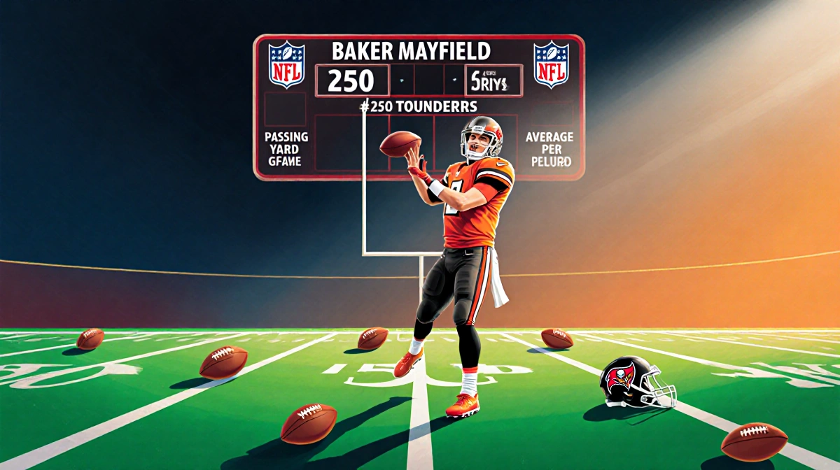 Baker Mayfield throwing touchdown pass with footballs and helmets scattered on field and scoreboard showing 250 passing yards