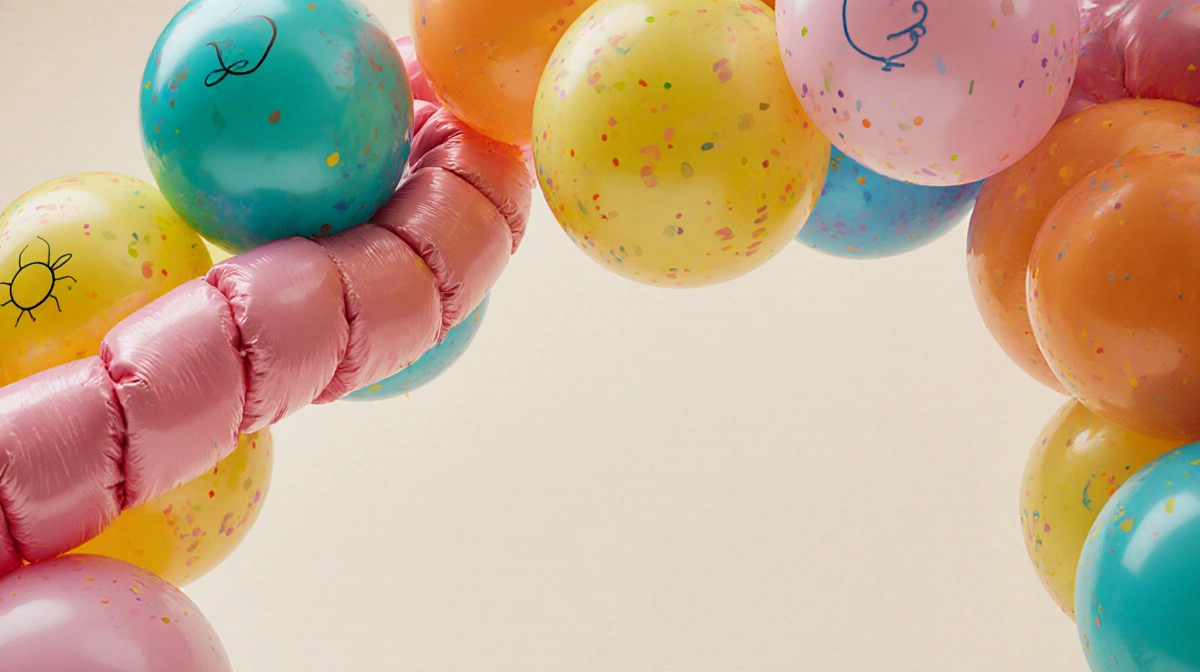 Colorful balloon twisting into playful shape with 70s-80s nostalgic patterns and soft texture on neutral background