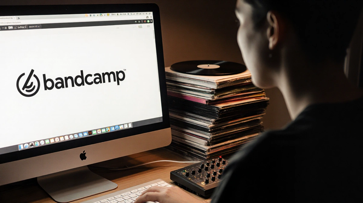 Person browsing Bandcamp on computer with vinyl records and cassette tapes nearby