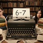 Vintage typewriter showing 6-7 with scattered dictionaries and curious students in dim study.