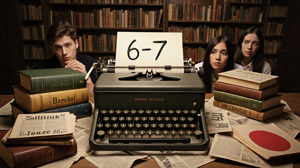 Vintage typewriter showing 6-7 with scattered dictionaries and curious students in dim study.