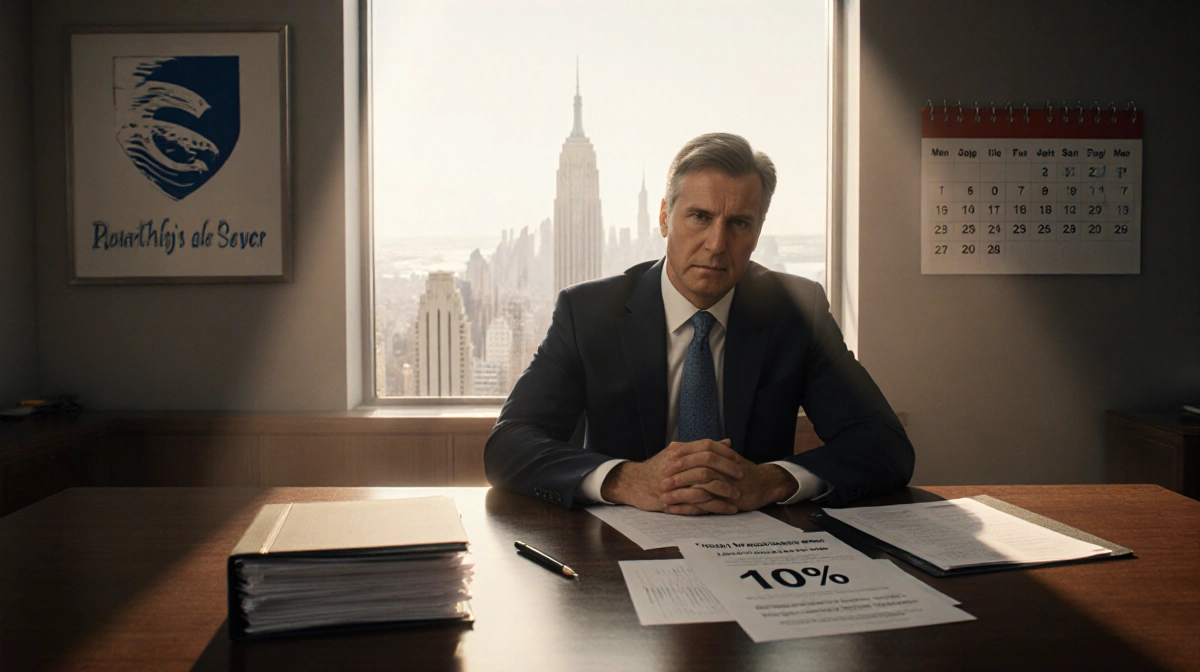 Bank executive reviewing papers with 10% interest rate cap and calendar showing January 20 at desk with city view