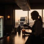 Bartender pouring drink into glass with open refrigerator and a lone driver in chair in dim bar.
