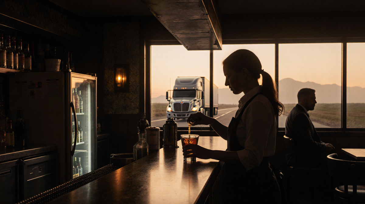 Bartender pouring drink into glass with open refrigerator and a lone driver in chair in dim bar.