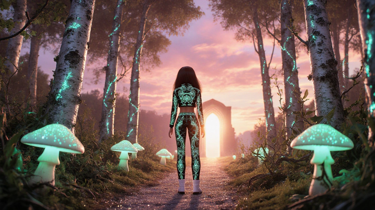 Barbie walks toward a glowing portal with silver-barked trees and luminescent mushrooms lining the path
