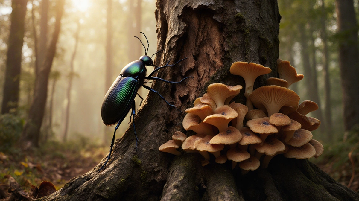 Bark beetle standing on a decaying trunk with Beauveria bassiana fungus wrapping its legs under golden forest light