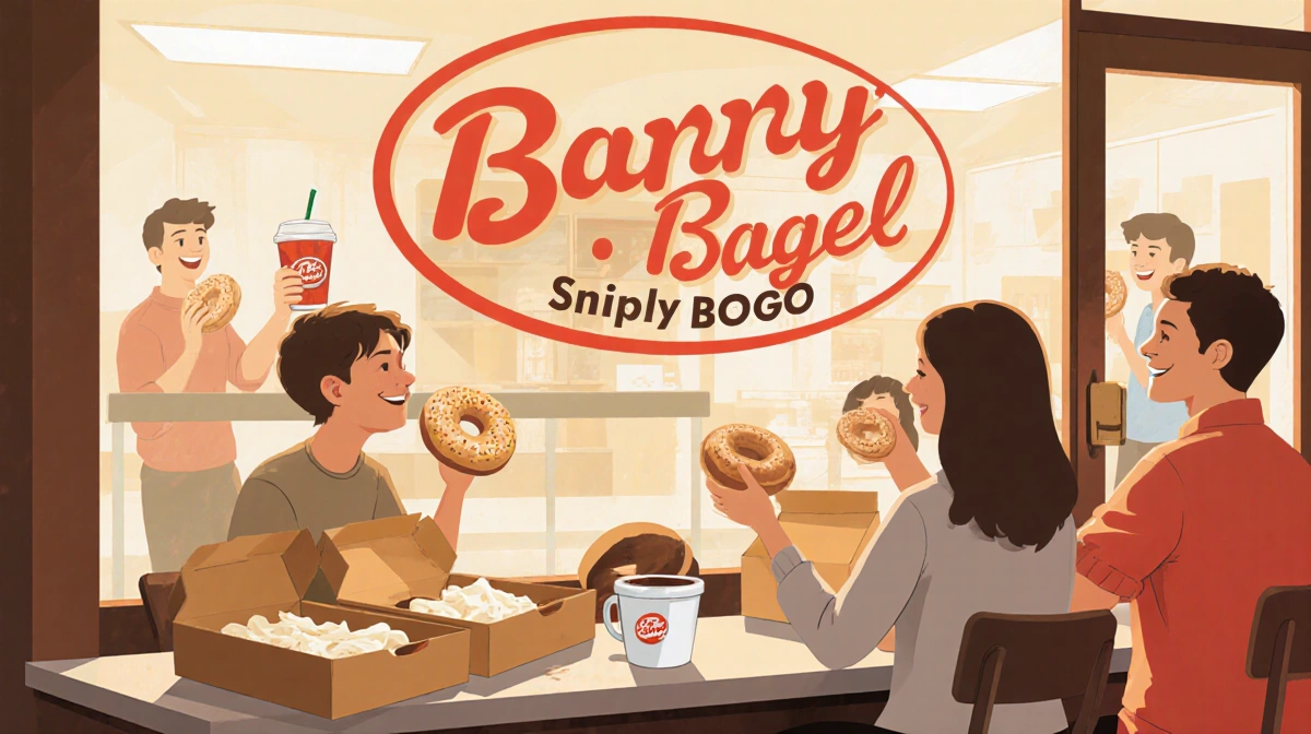 Customers enjoy free bagels with cream cheese at Barry Bagels shop showing BOGO deal