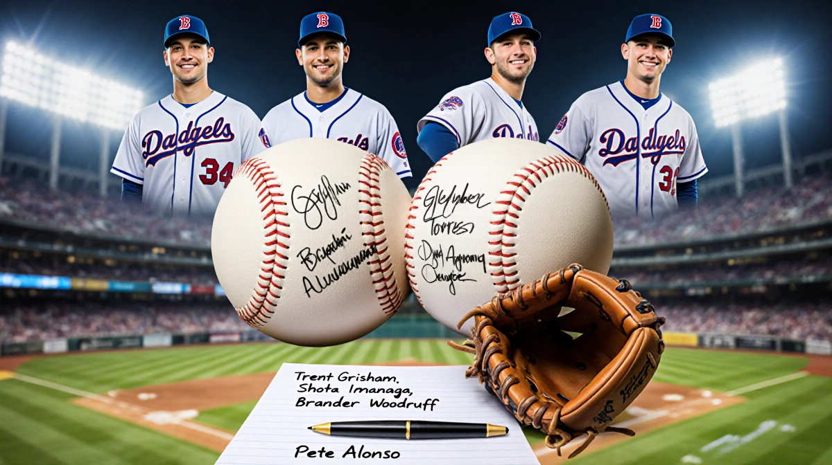 Two baseballs collide with stadium lights blurred and a glove holds a pen over signed jerseys of Pete Alonso and Dylan Cease.