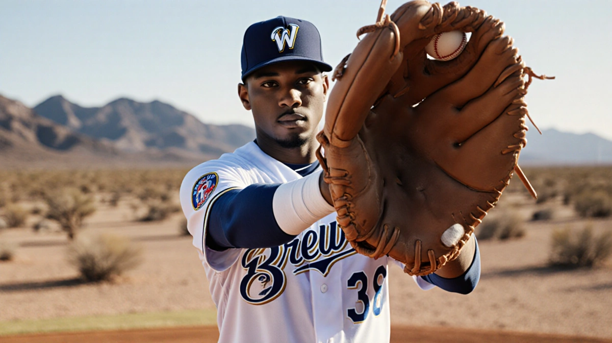 Baseball player stands before a glove with arm outstretched Arizona desert background bandaged wrist showing determination.