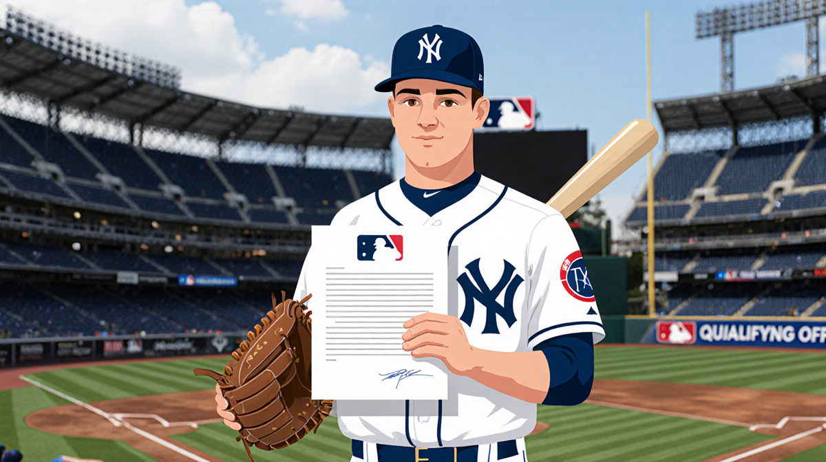 Baseball player holding a qualifying offer contract with bat nearby in navy blue and white and blurred stadium logo behind