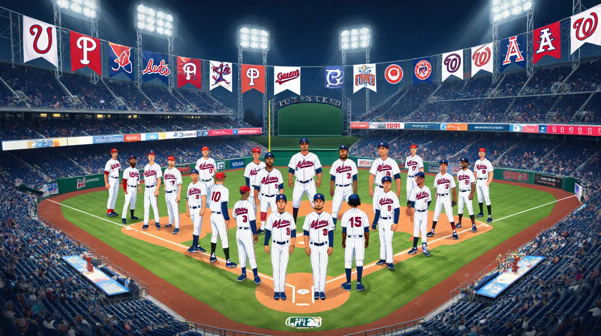 Players gather at stadium center with team flags and banners under dynamic lighting showing new signings