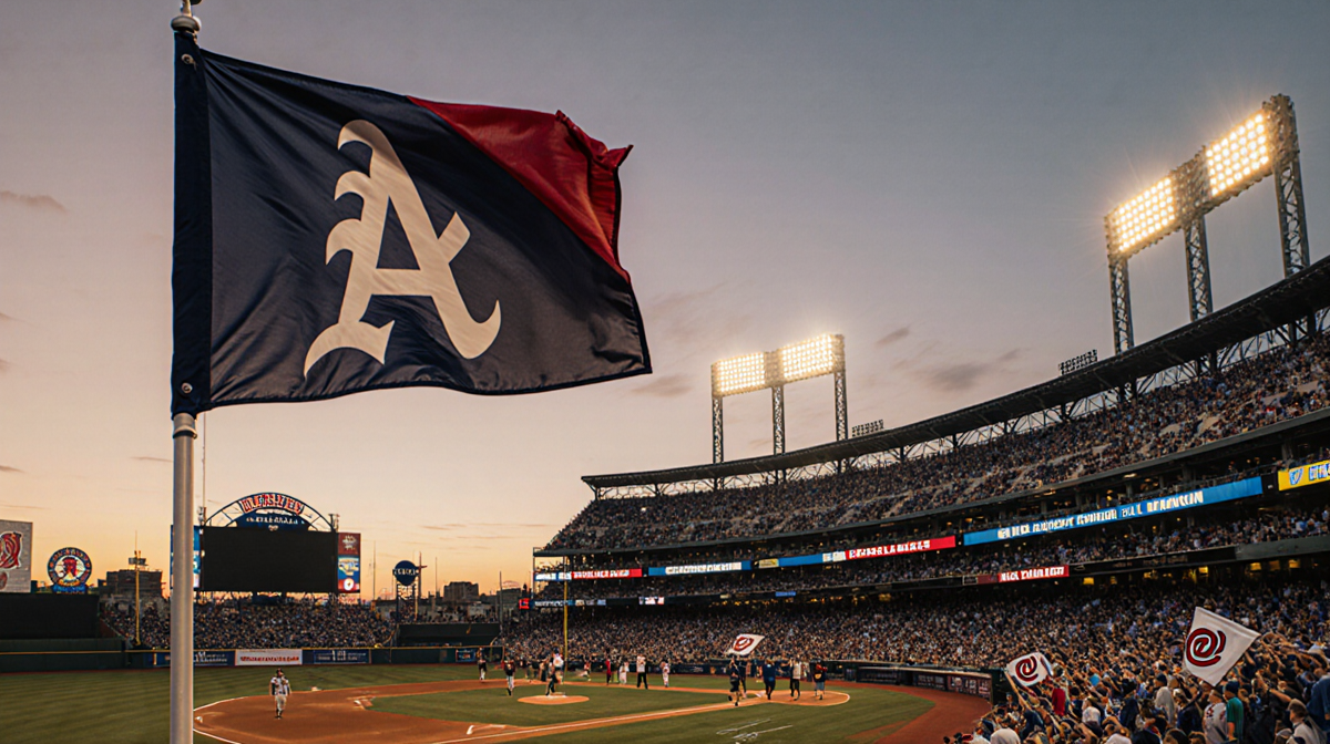 Fans cheering and holding flags with sunset lights over baseball stadium and waving pennant while players hold new gear