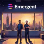 Founder standing confidently in front of cityscape at dusk with futuristic gadgets and innovative technology.