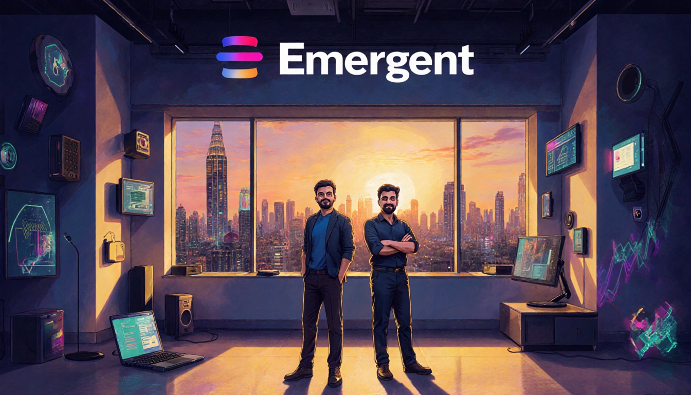 Founder standing confidently in front of cityscape at dusk with futuristic gadgets and innovative technology.