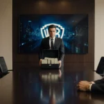 Confident businessperson holding a briefcase containing stacks of cash with a luxurious office space in background.