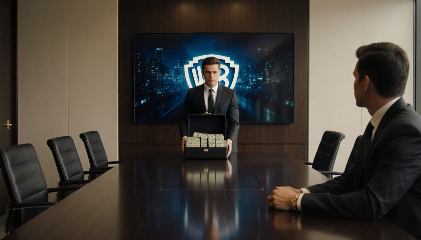 Confident businessperson holding a briefcase containing stacks of cash with a luxurious office space in background.