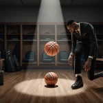 Basketball player stands under spotlight with head bowed in shame and suitcases scattered across locker room floor