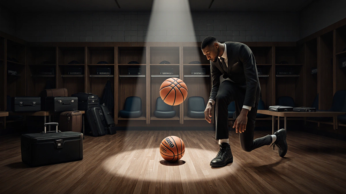 Basketball player stands under spotlight with head bowed in shame and suitcases scattered across locker room floor