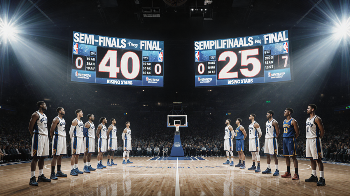 Two basketball teams stand on opposite sides of a court with scoreboard showing 40 and 25 and lighting and blur convey energy