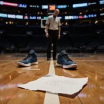 Referee stands over torn paper and sneakers on dim court with betting slips and phone screens showing sports corruption
