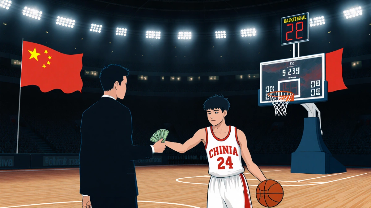 Shadowy figure passing cash to Chinese basketball player with scoreboard showing altered numbers and flags behind