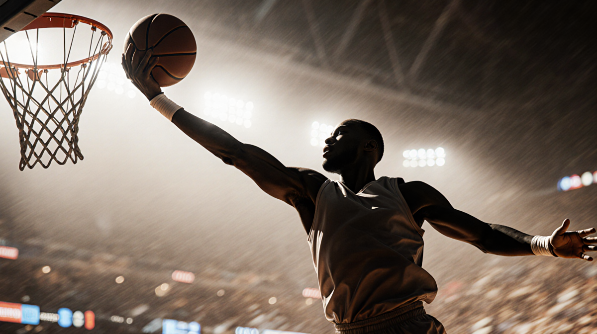 Basketball player soaring midair with arm outstretched and hand clutching ball confident expression illuminated by warm light