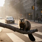 A determined beaver pushes a tree branch across a city crosswalk with warm sunlight and morning mist behind