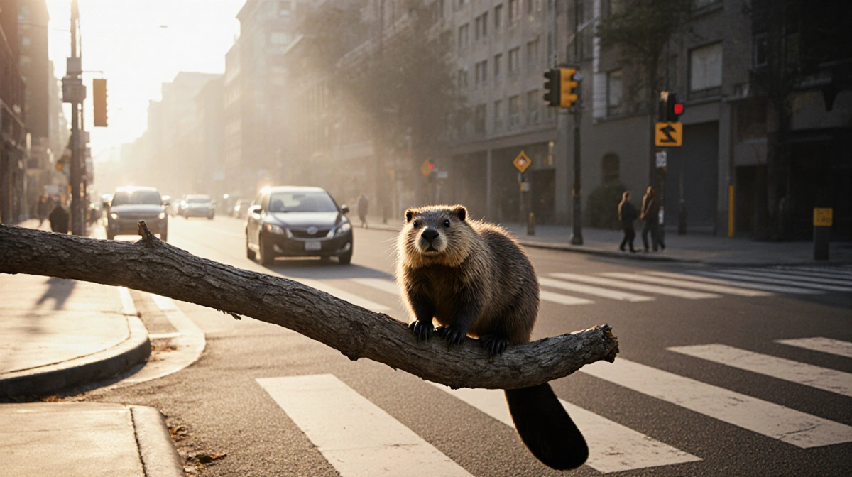 A determined beaver pushes a tree branch across a city crosswalk with warm sunlight and morning mist behind