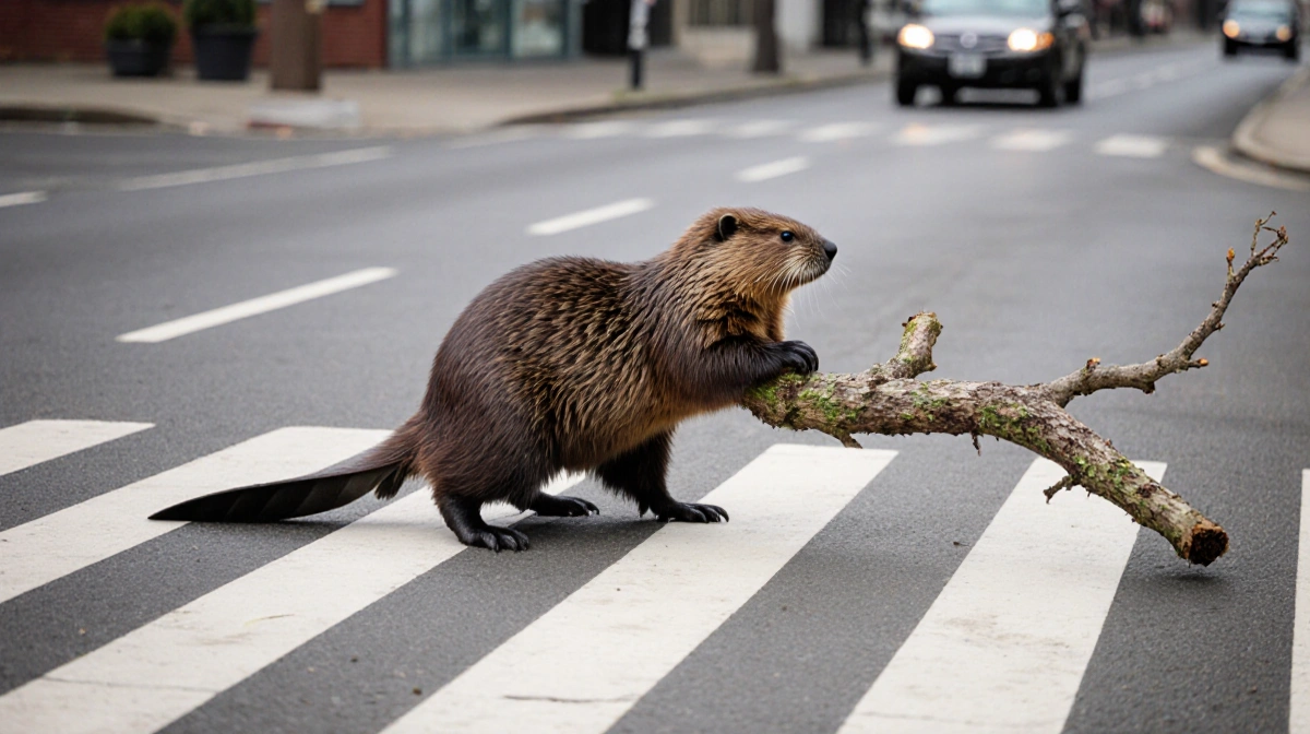 Beaver dragging large tree branch across crosswalk with focused expression and city street background