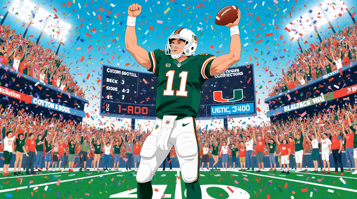 Beck stands triumphantly on Miami's field with confetti and cheering fans and a scoreboard reading 14-0 at Cotton Bowl