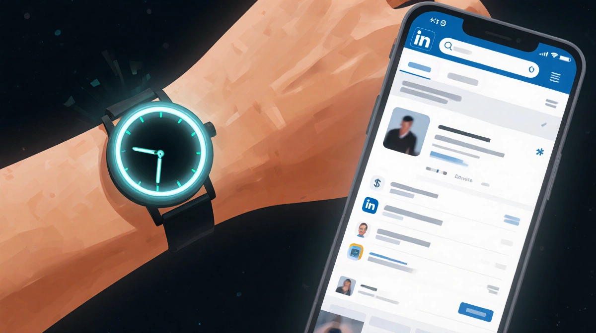 Person checking sleek smartwatch with LinkedIn profile visible on nearby phone