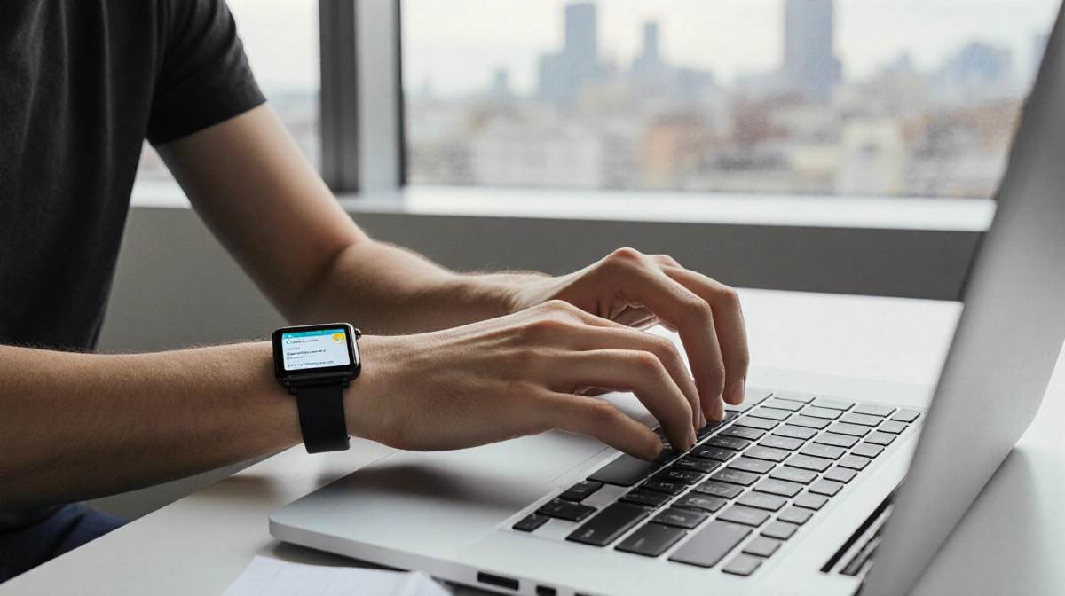 Young adult types on laptop with Bee wearable device glowing on wrist and city lights through window behind