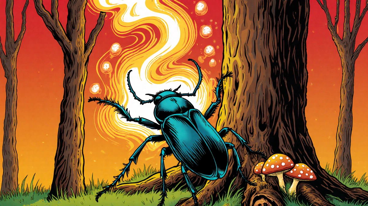Beetle standing before tree trunk with swirling toxic gas halo and fungi cluster on decaying log