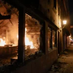 Bella Vista Restaurant burns with flames through shattered windows and smoke billowing while firefighters battle the blaze