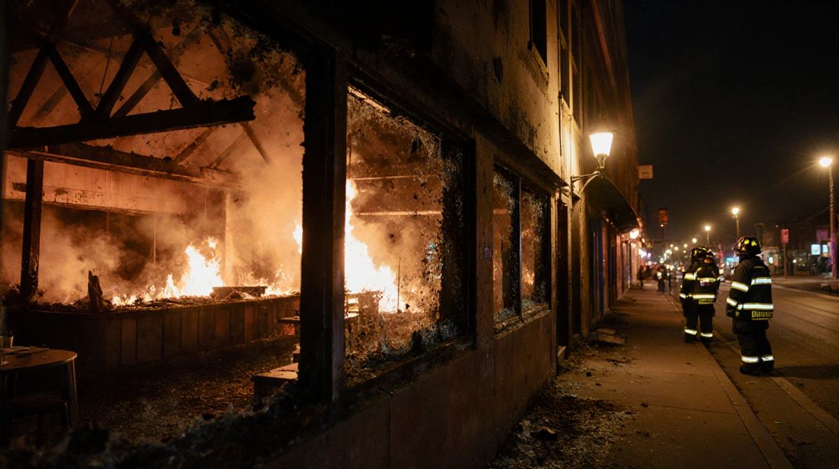 Bella Vista Restaurant burns with flames through shattered windows and smoke billowing while firefighters battle the blaze