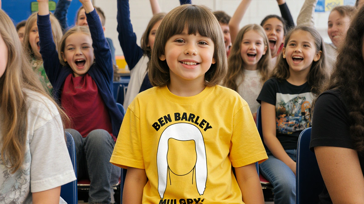 First grader Ben Barley presenting to judges with yellow mullet T-shirt and matching haircut
