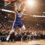 Ben Simmons slam dunking over Tyrese Maxey with 76ers bench celebrating and confetti lights flashing