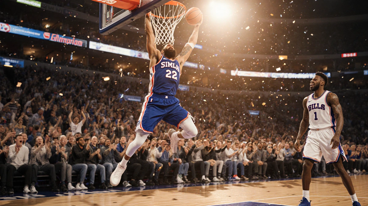 Ben Simmons slam dunking over Tyrese Maxey with 76ers bench celebrating and confetti lights flashing