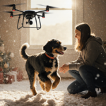 Benji the Bernadoodle runs toward his owner with a wagging tail in a golden light after a snowstorm