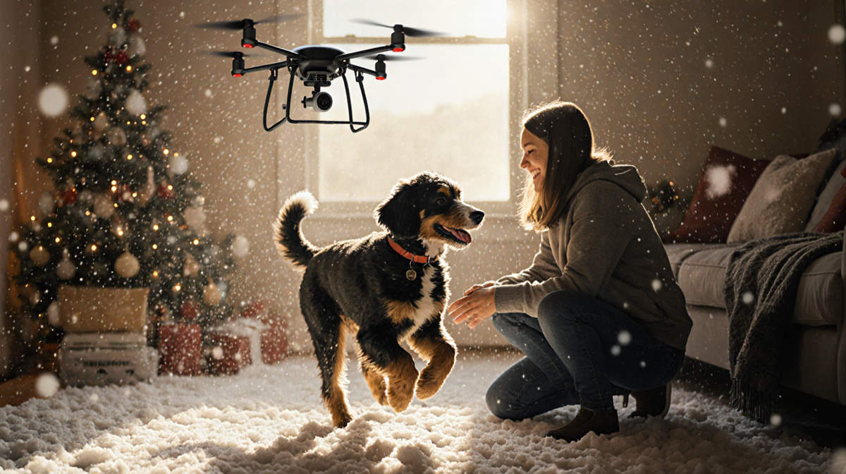 Benji the Bernadoodle runs toward his owner with a wagging tail in a golden light after a snowstorm