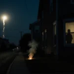 Startled resident looks up at bright sky flash with moonlit house and smoke rising