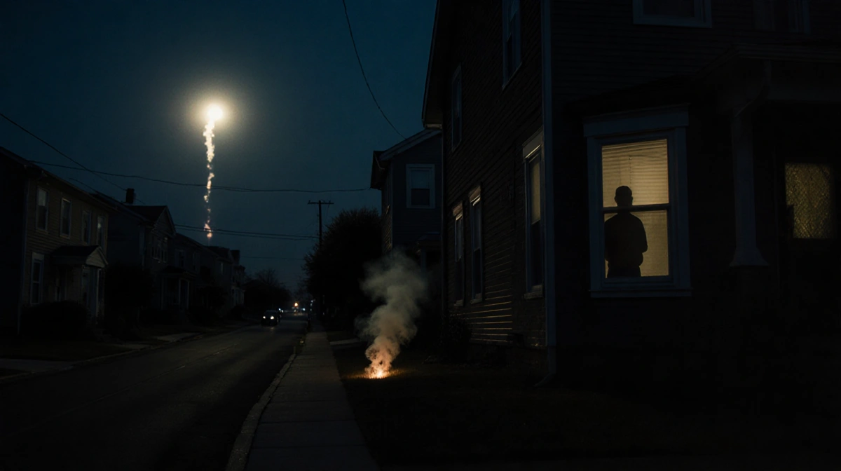 Startled resident looks up at bright sky flash with moonlit house and smoke rising