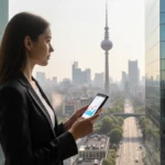 Young woman stands confidently in front of a large window gazing out at a smartphone screen displaying a significant increase